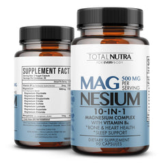 Total Nutra 10-in-1 magnesium bottle highlights a complete daily formula.