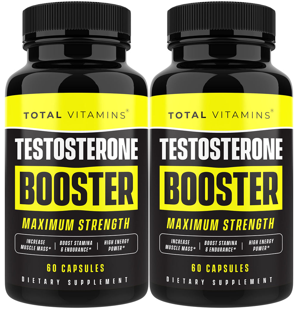 TOTAL VITAMINS Testosterone Booster bottle on wood, ready for a fitness routine boost and daily energy support
