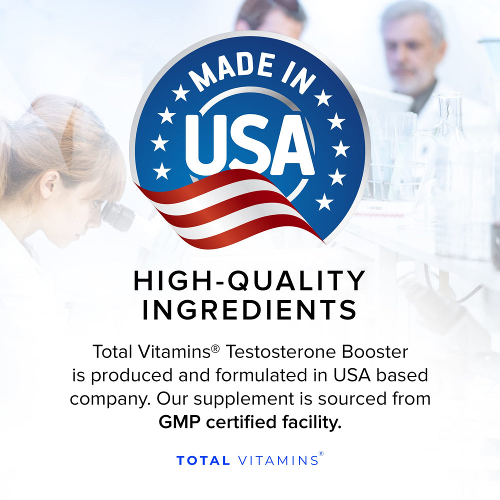 TOTAL VITAMINS Testosterone Booster bottle pouring capsules signals easy daily dose