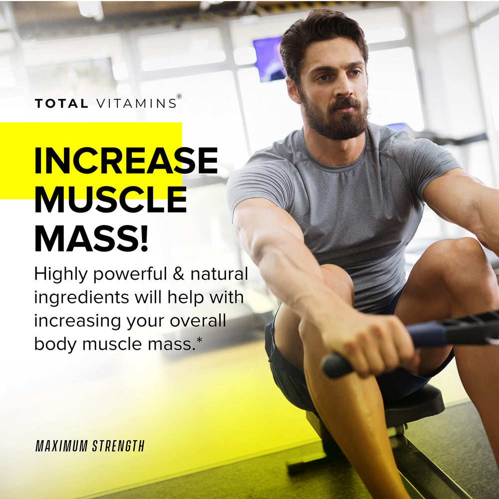 TOTAL VITAMINS Testosterone Booster capsules close-up with glossy finish, illustrating convenient daily supplementation for energy and fitness support