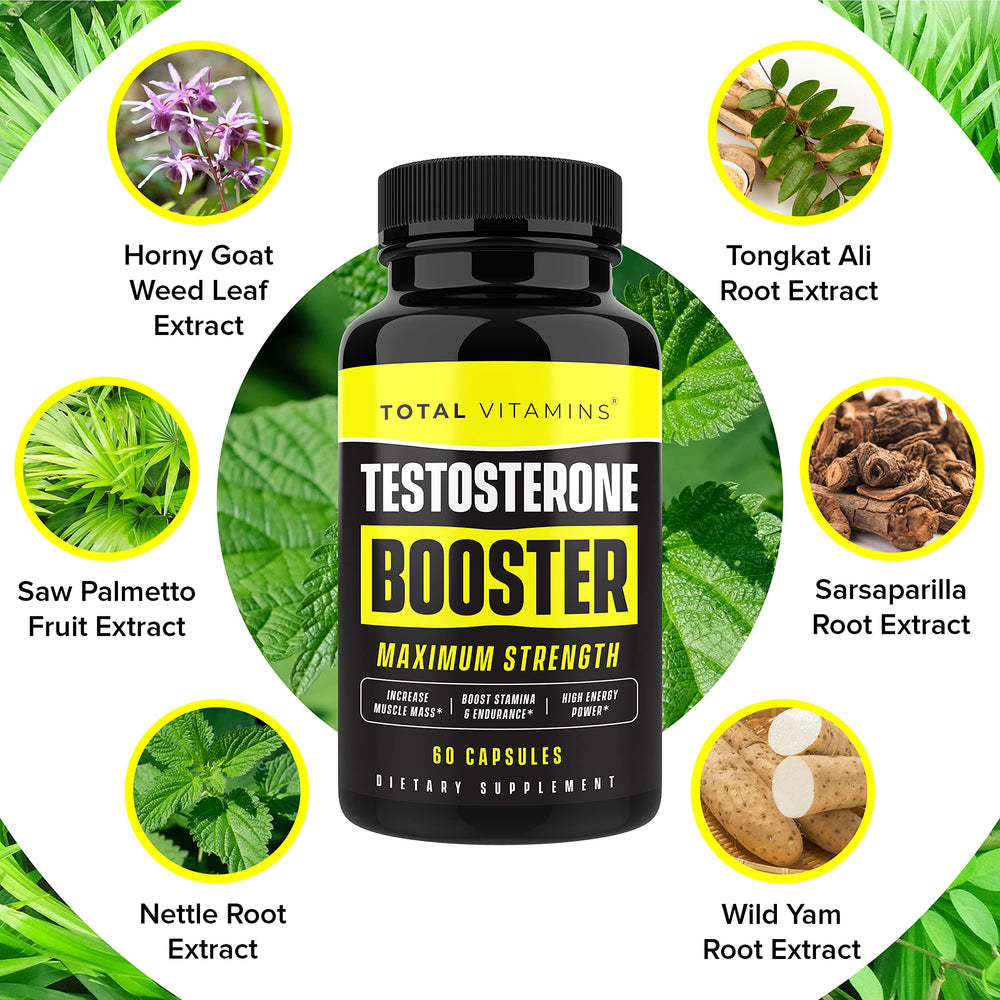 TOTAL VITAMINS Testosterone Booster in gym scene implies versatile use during workouts