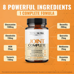 Total Nutra capsules close-up revealing glucosamine, chondroitin, MSM, and turmeric blend