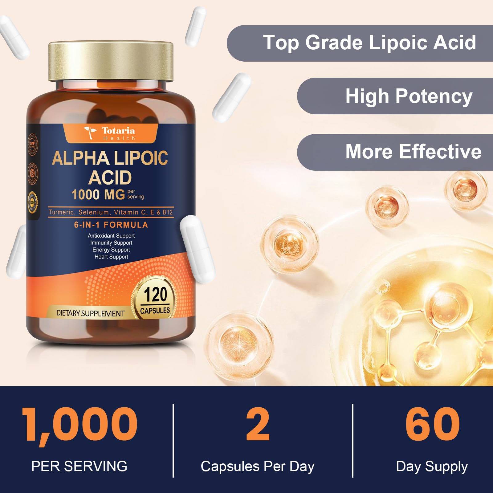 Totaria Alpha Lipoic Acid 1000mg ingredients panel highlights clean, additive-free formulation.