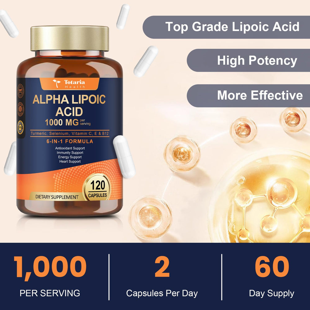 Totaria Alpha Lipoic Acid 1000mg ingredients panel highlights clean, additive-free formulation.
