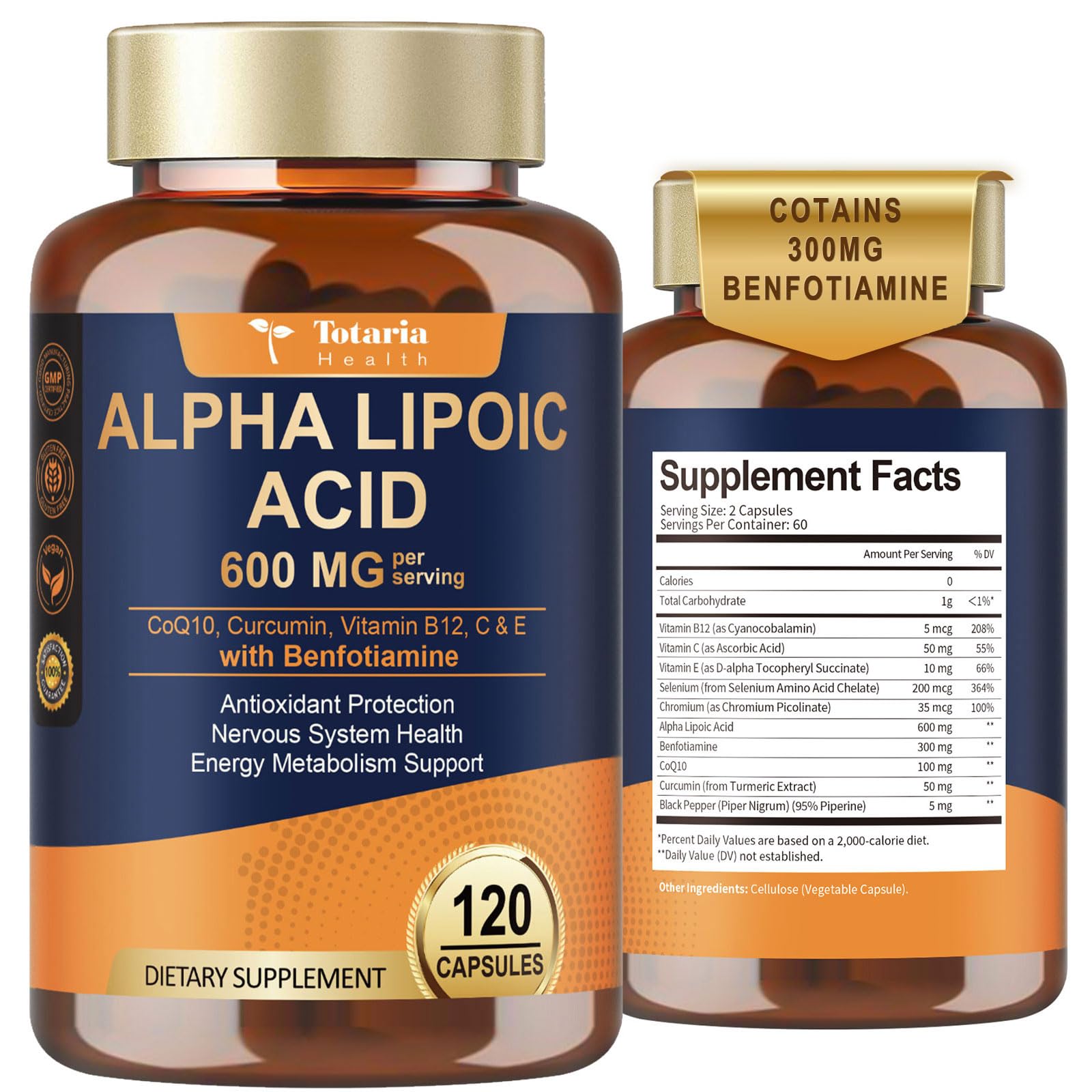 Totaria Alpha Lipoic Acid 600mg bottle showing nerve support and antioxidant benefits.