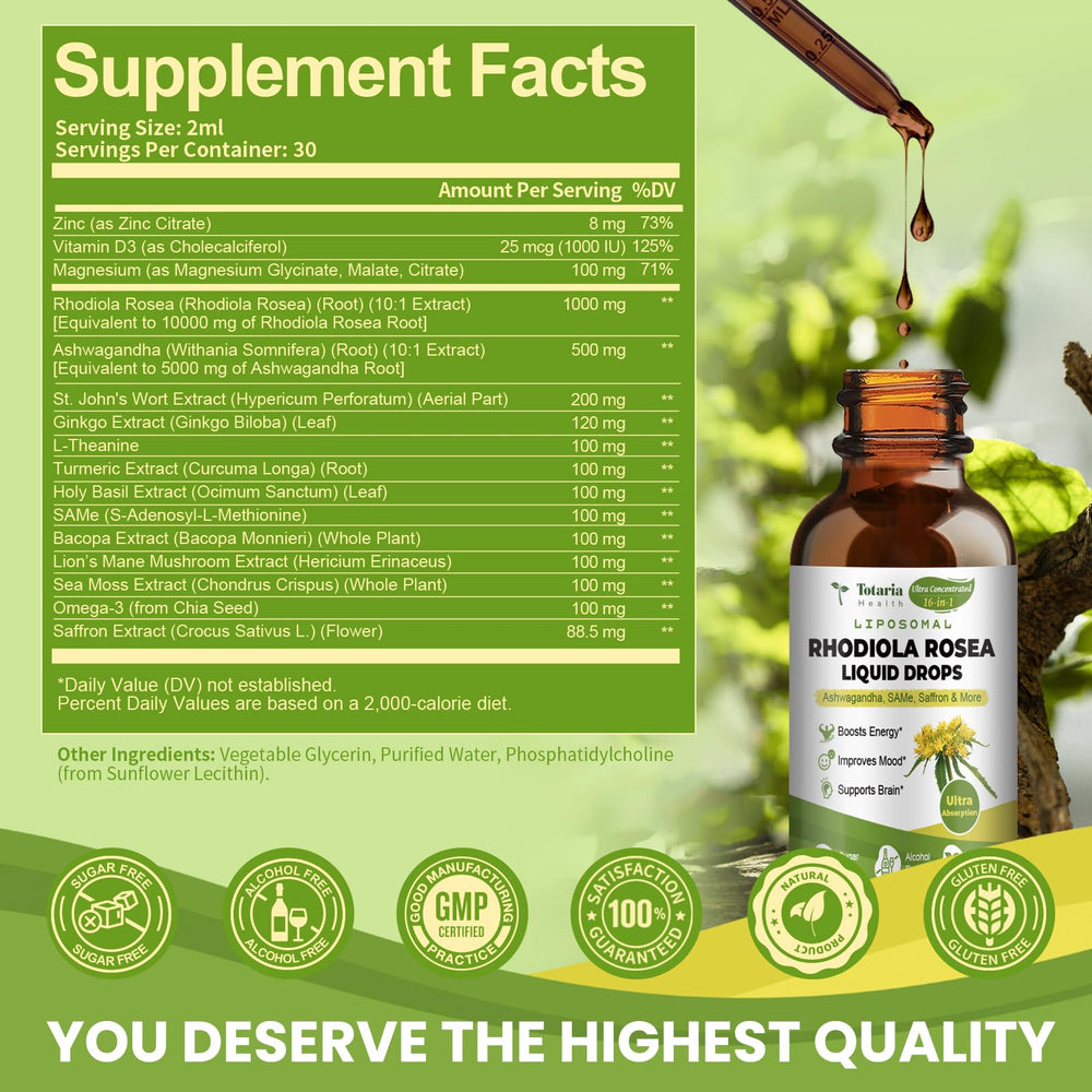 Totaria Ashwagandha blend tincture in glass; balanced mood and resilience.