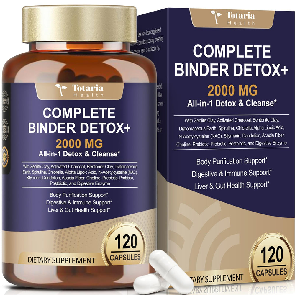 Totaria bottle front view shows premium detox binder for liver and gut support.