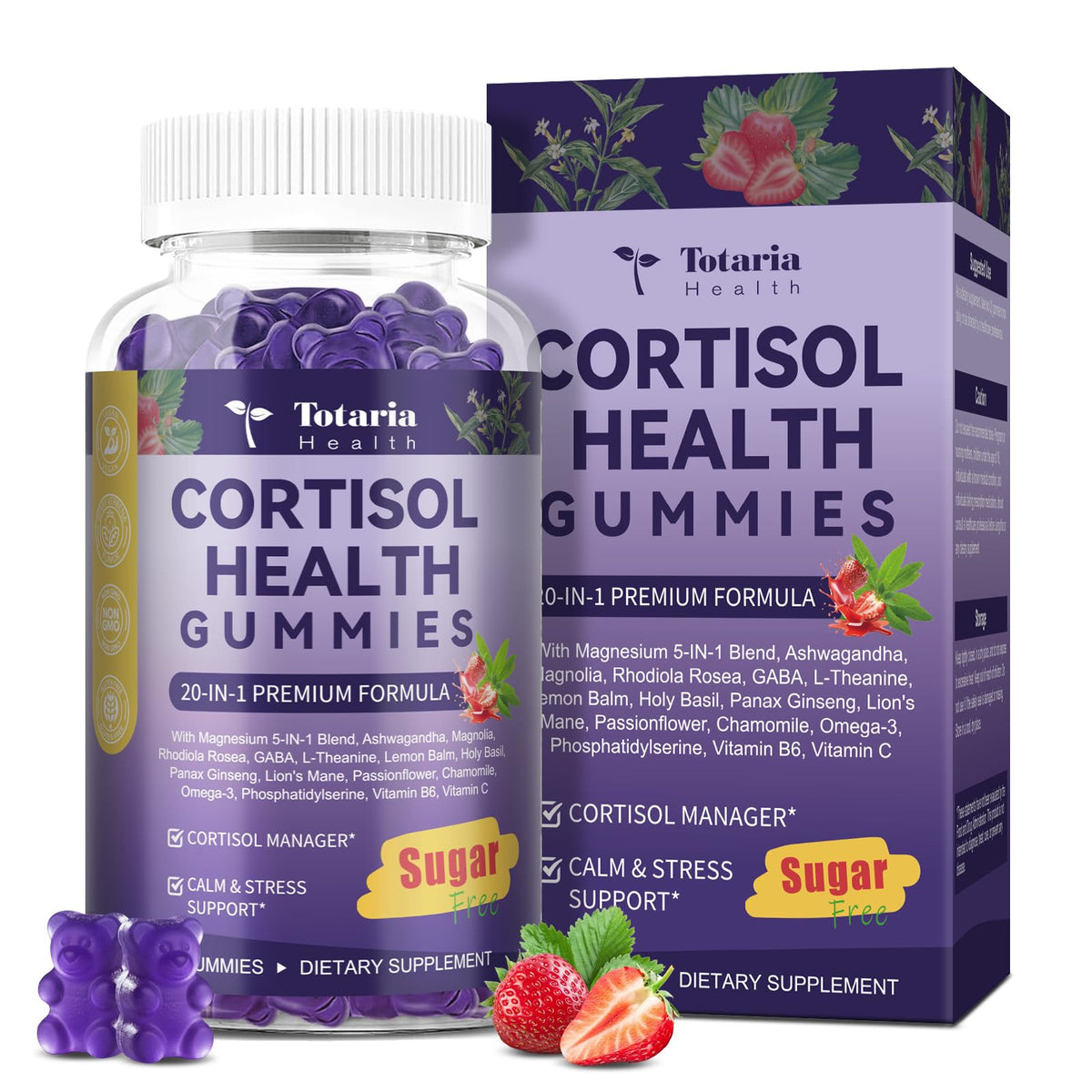 Totaria Cortisol Gummies bottle front supports daytime stress relief and focus.
