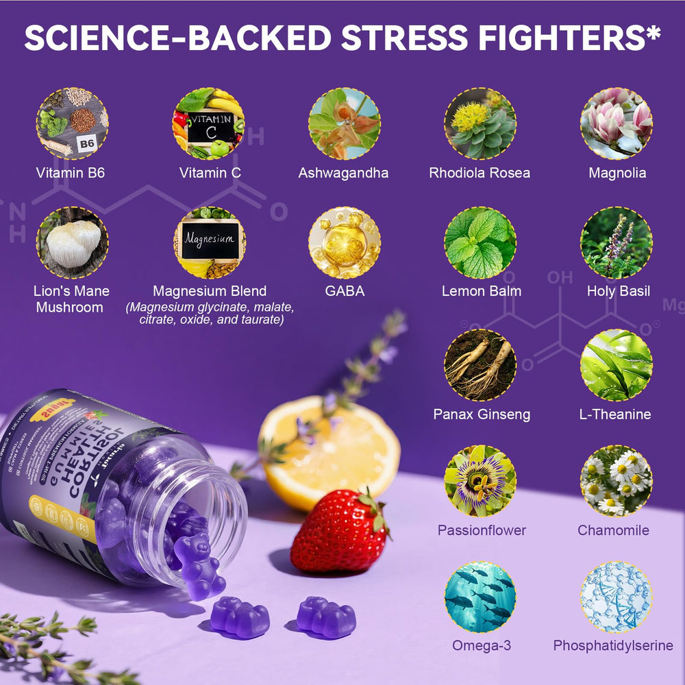 Totaria Cortisol Gummies bottle label closeup highlights its 20-in-1 blend.