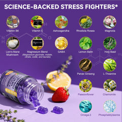 Totaria Cortisol Gummies bottle label closeup highlights its 20-in-1 blend.