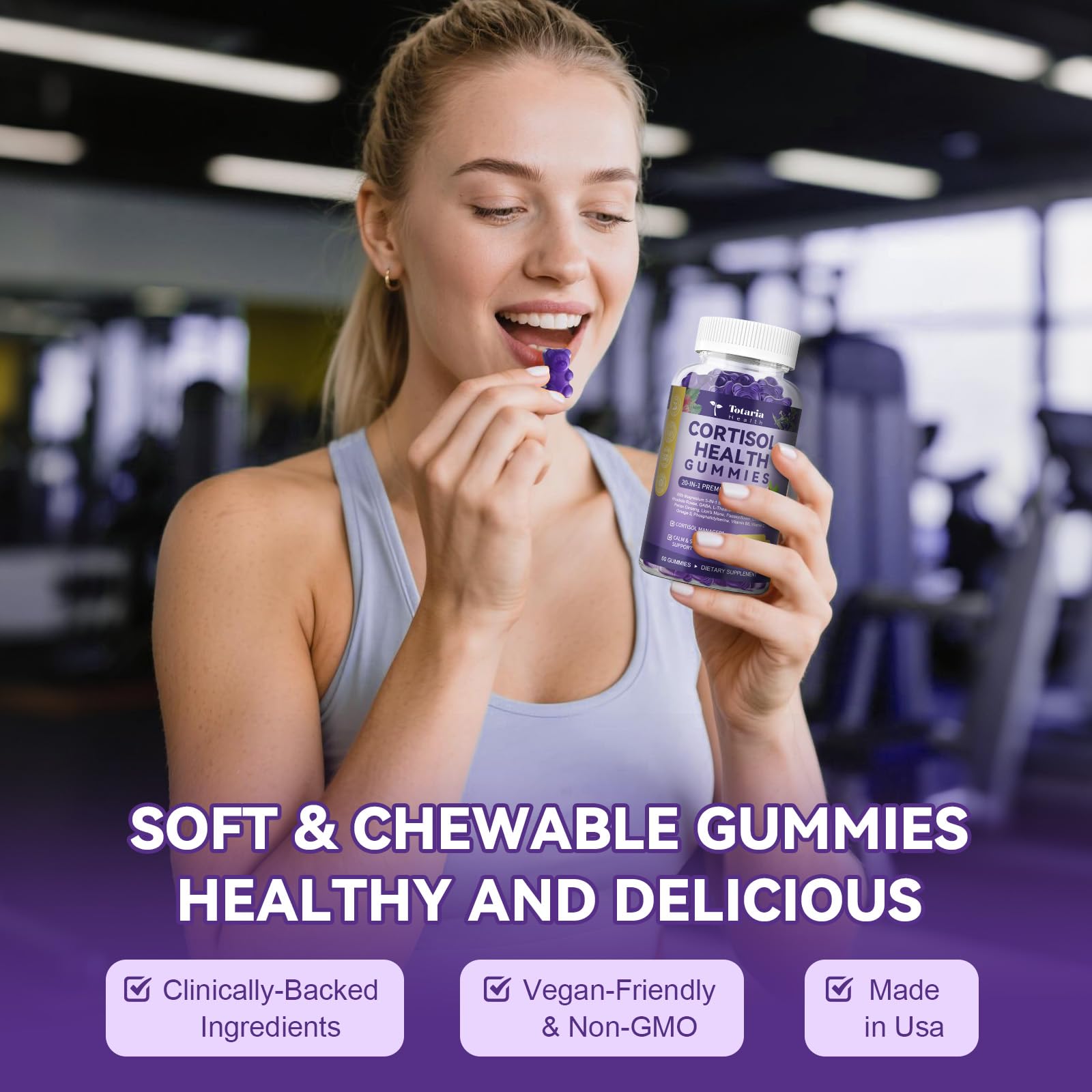 Totaria Cortisol Gummies day-time focus graphic hints sharper concentration.