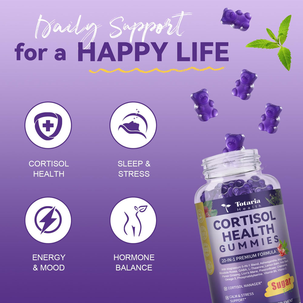 Totaria Cortisol Gummies night-relaxation blend icon suggests sleep-ready calm.