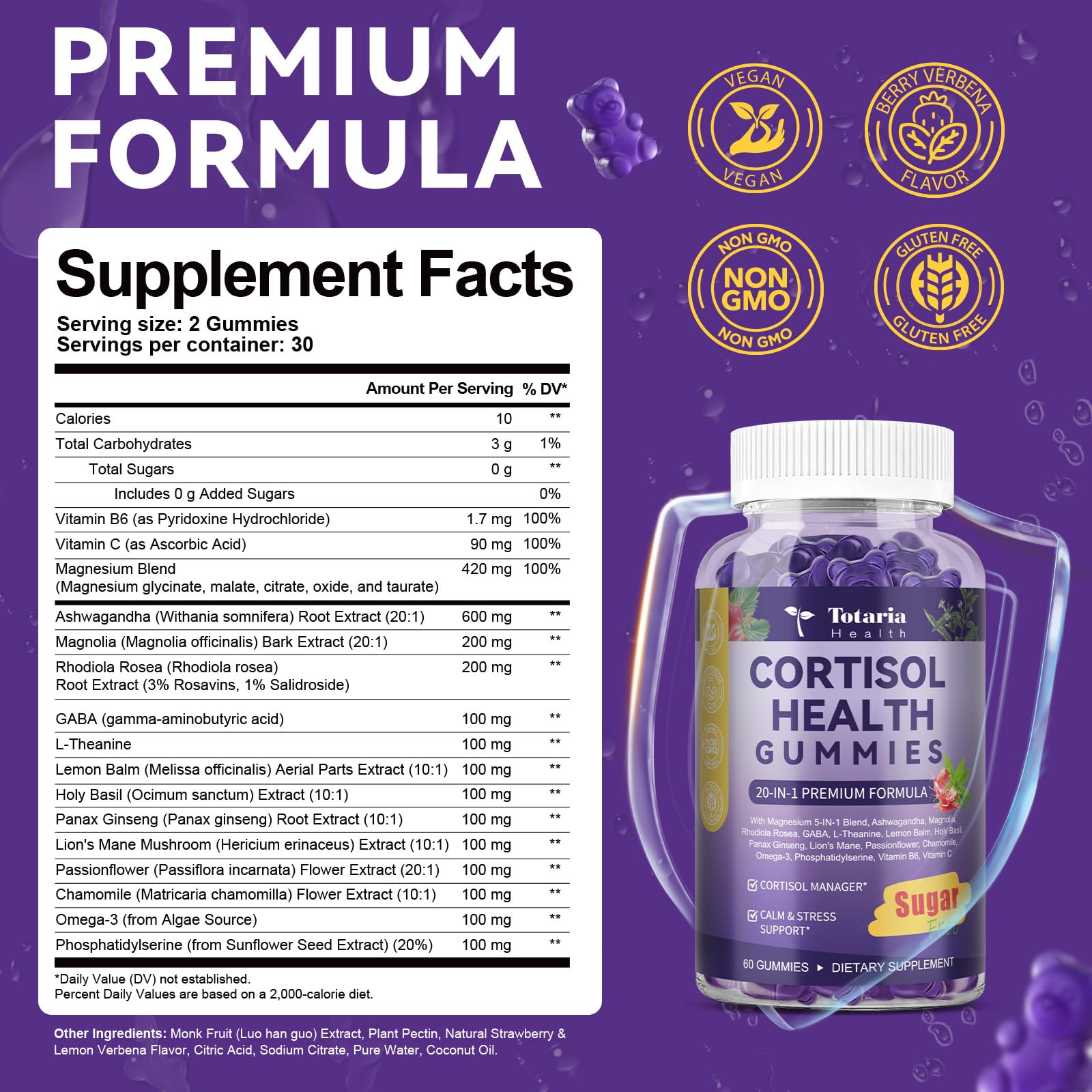 Totaria Cortisol Gummies vegan-label confirms plant-based, sugar-free wellness.