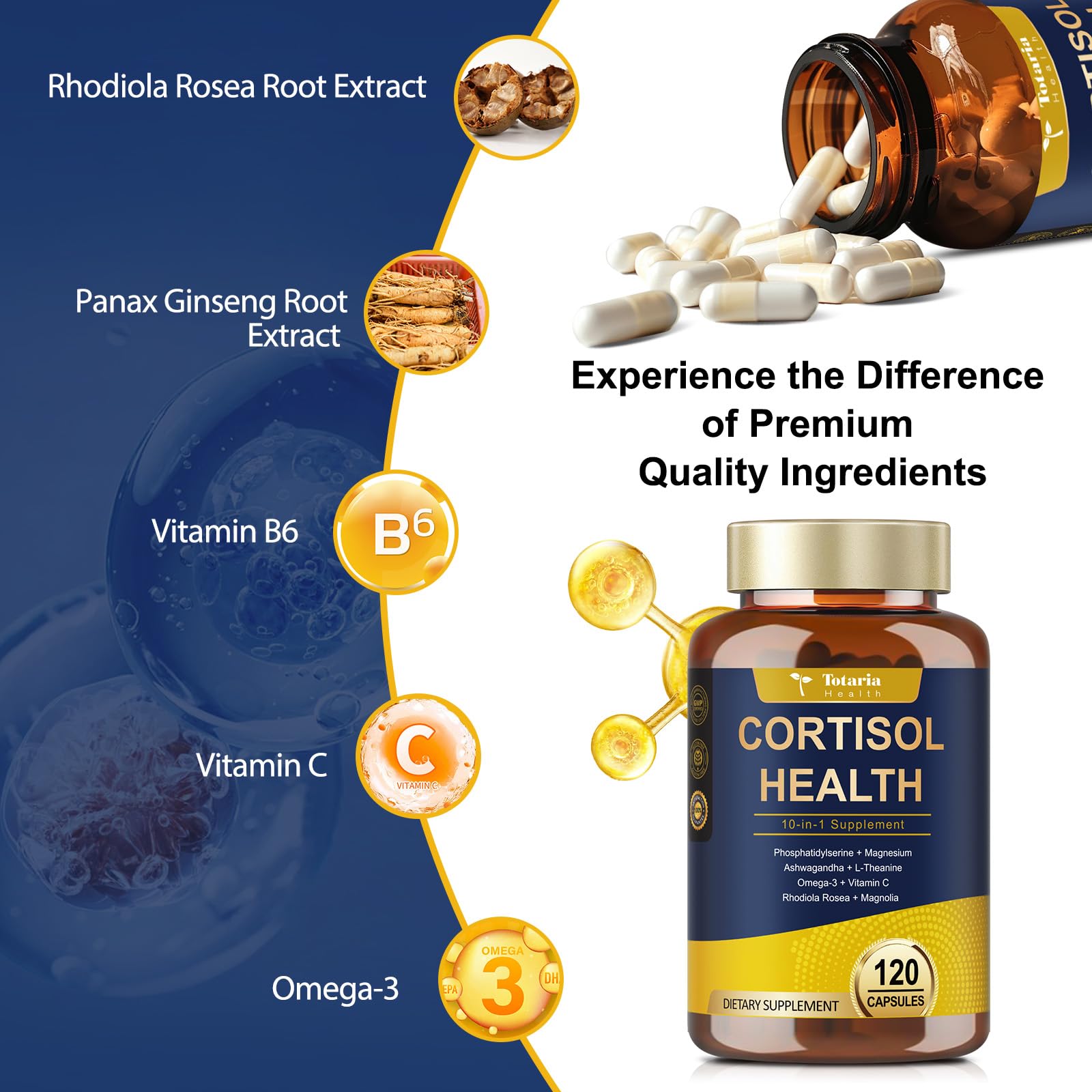 Totaria ingredients label highlighting vitamins and omega-3 for overall wellness
