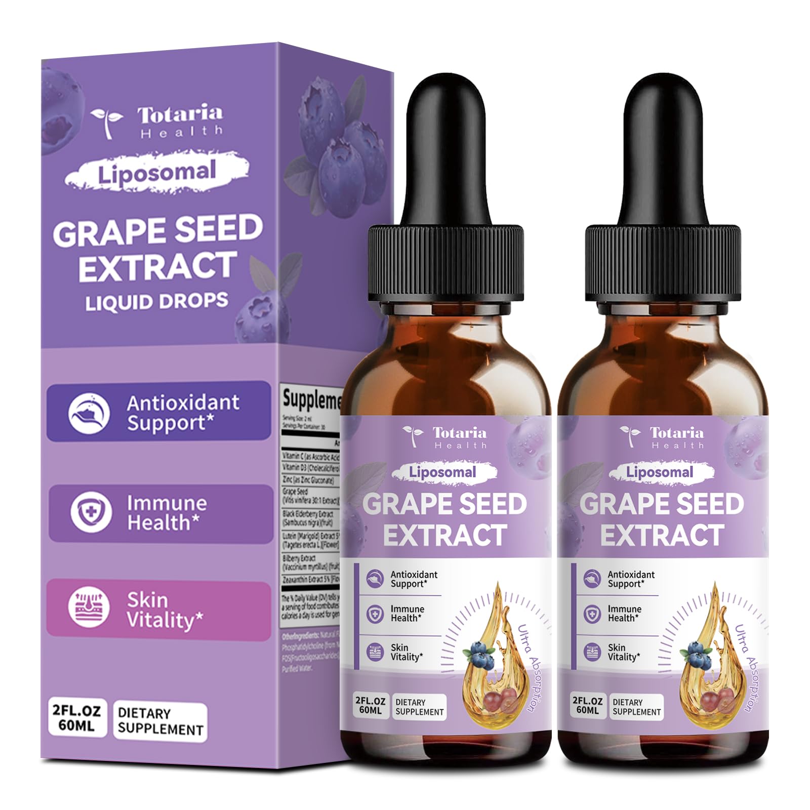 Totaria grape seed extract bottle with antioxidant-rich formula for skin and immune support.
