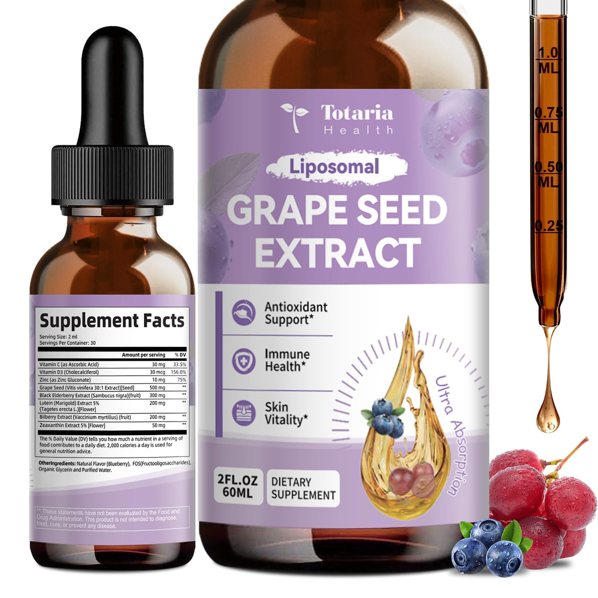 Totaria Grape Seed Extract Drops bottle, antioxidant support for skin and immune health.