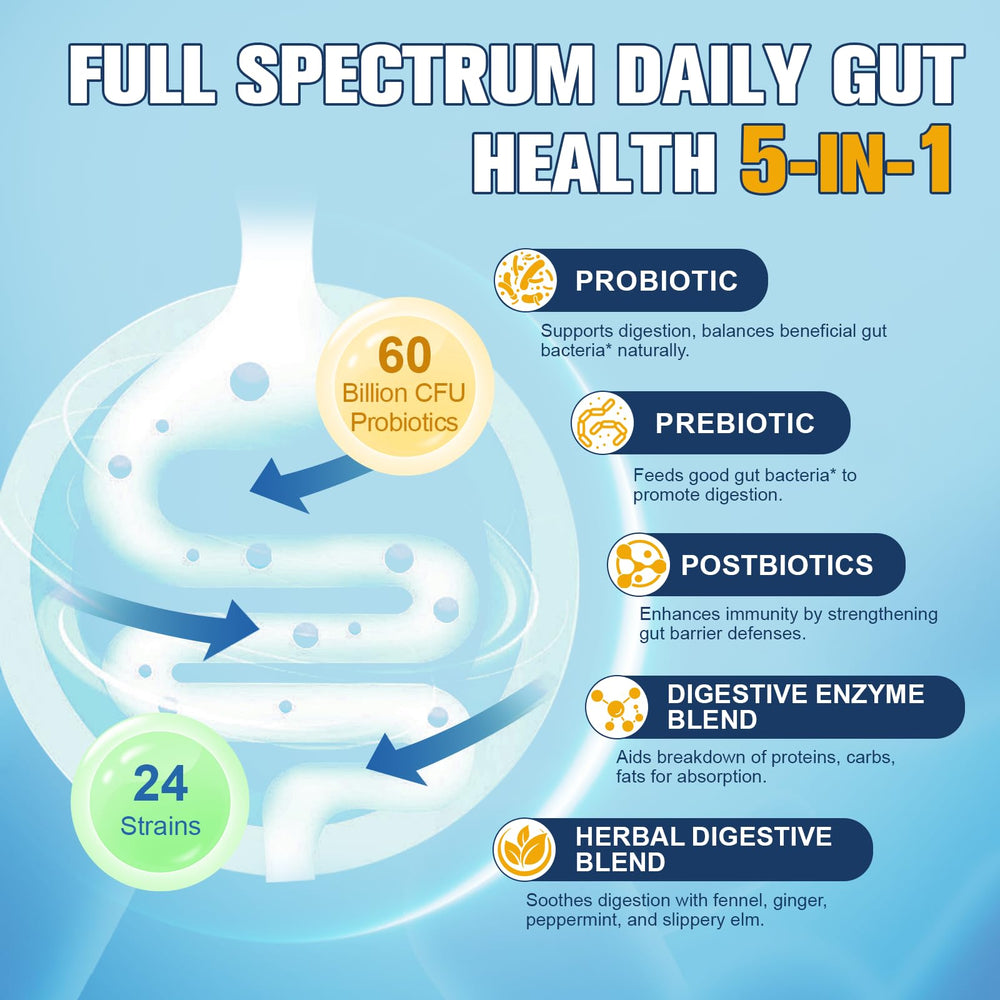Totaria ingredients illustration emphasizes prebiotic, probiotic, postbiotic, and enzymes synergy.