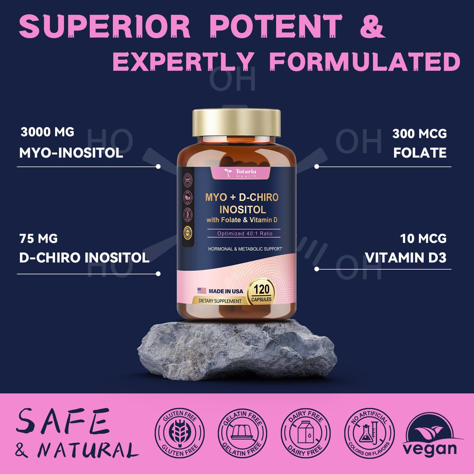 Totaria Inositol easy-swallow capsules arranged for daily routine