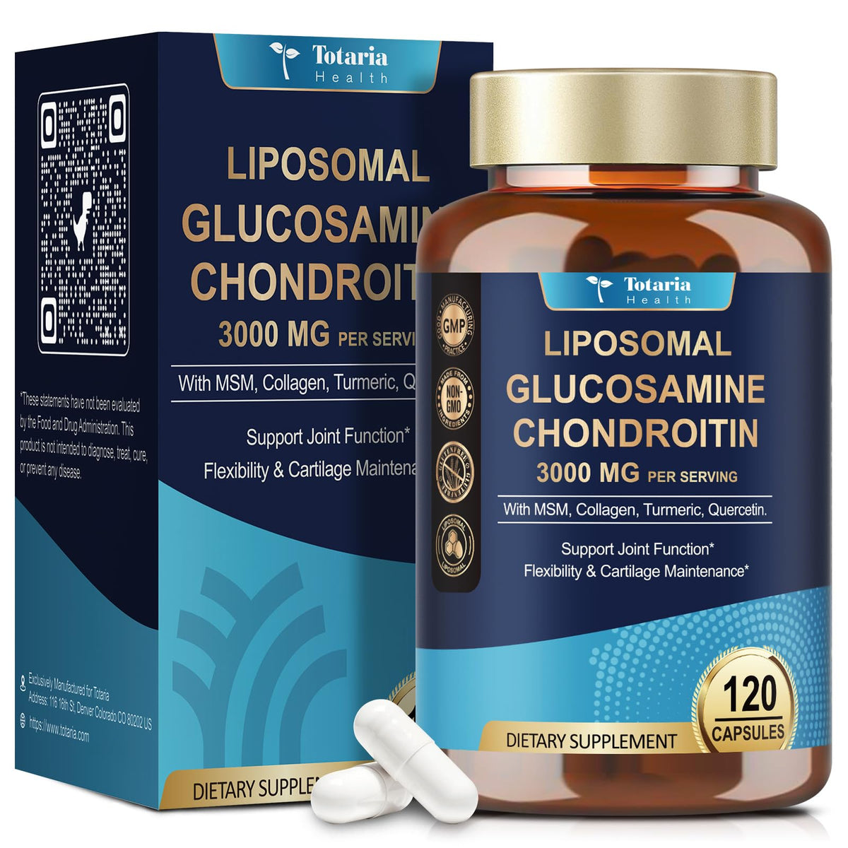 Totaria Liposomal Glucosamine Chondroitin MSM Collagen bottle suggests joint support.
