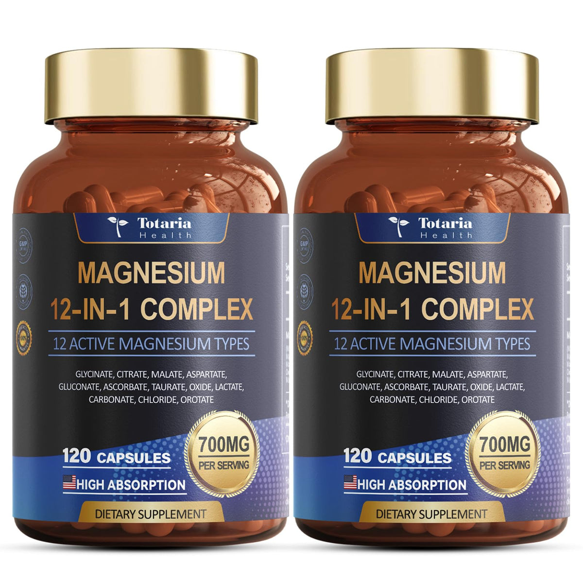 Totaria Magnesium Complex bottle highlighting a high-absorption formula for daily wellness.