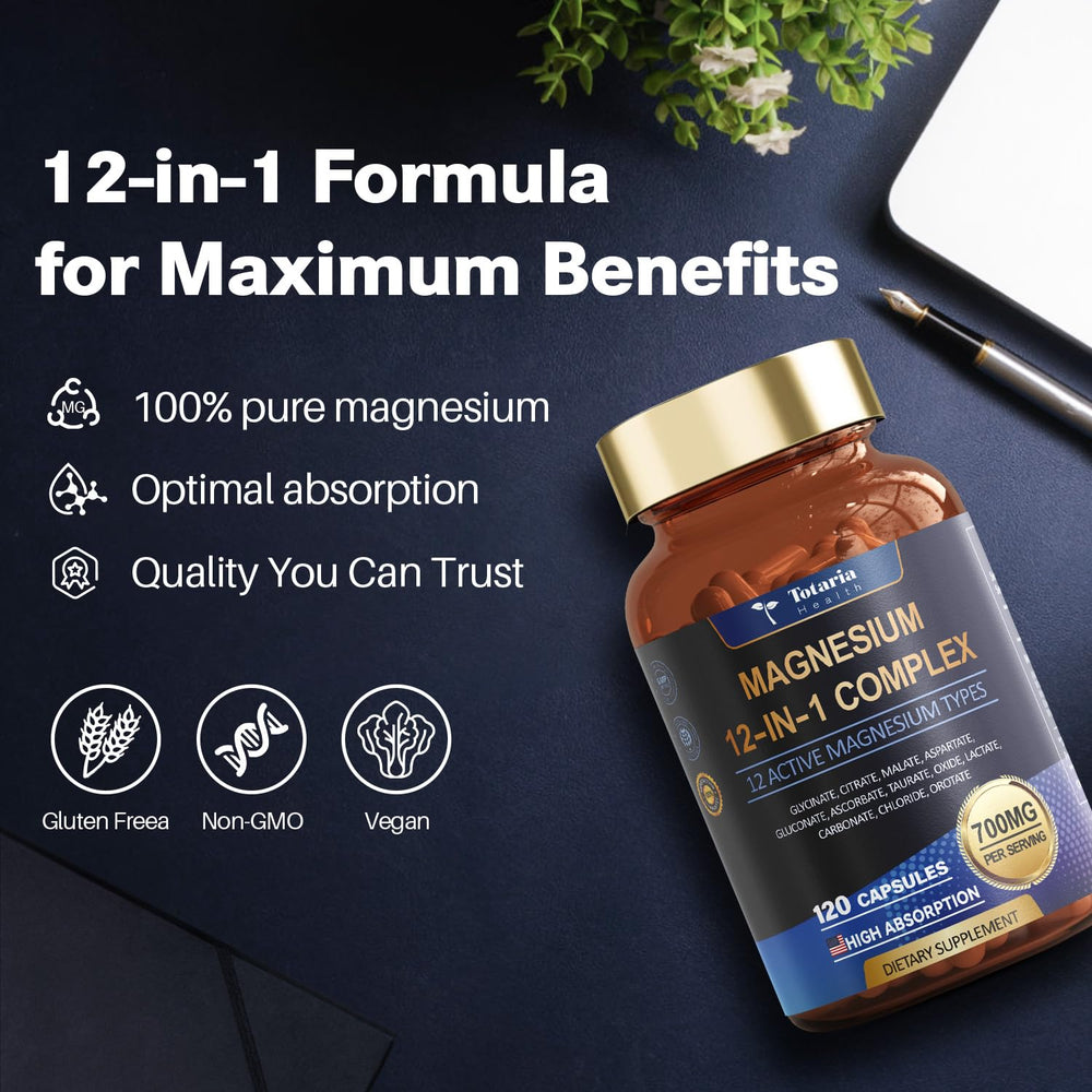 Totaria Magnesium Complex capsules in hand, gentle on stomach.