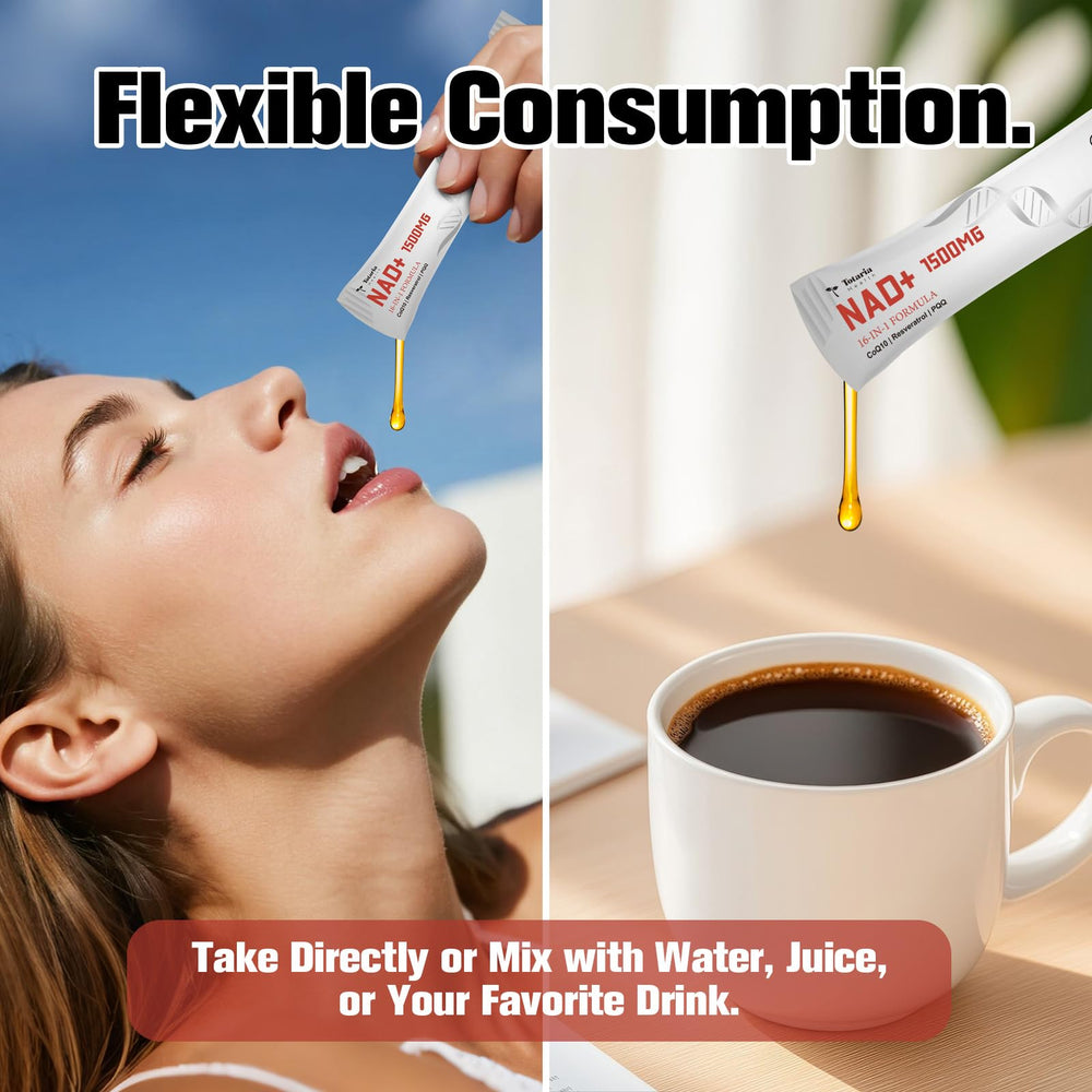 Totaria NAD ingredient graphics highlight Resveratrol and CoQ10 for vitality support