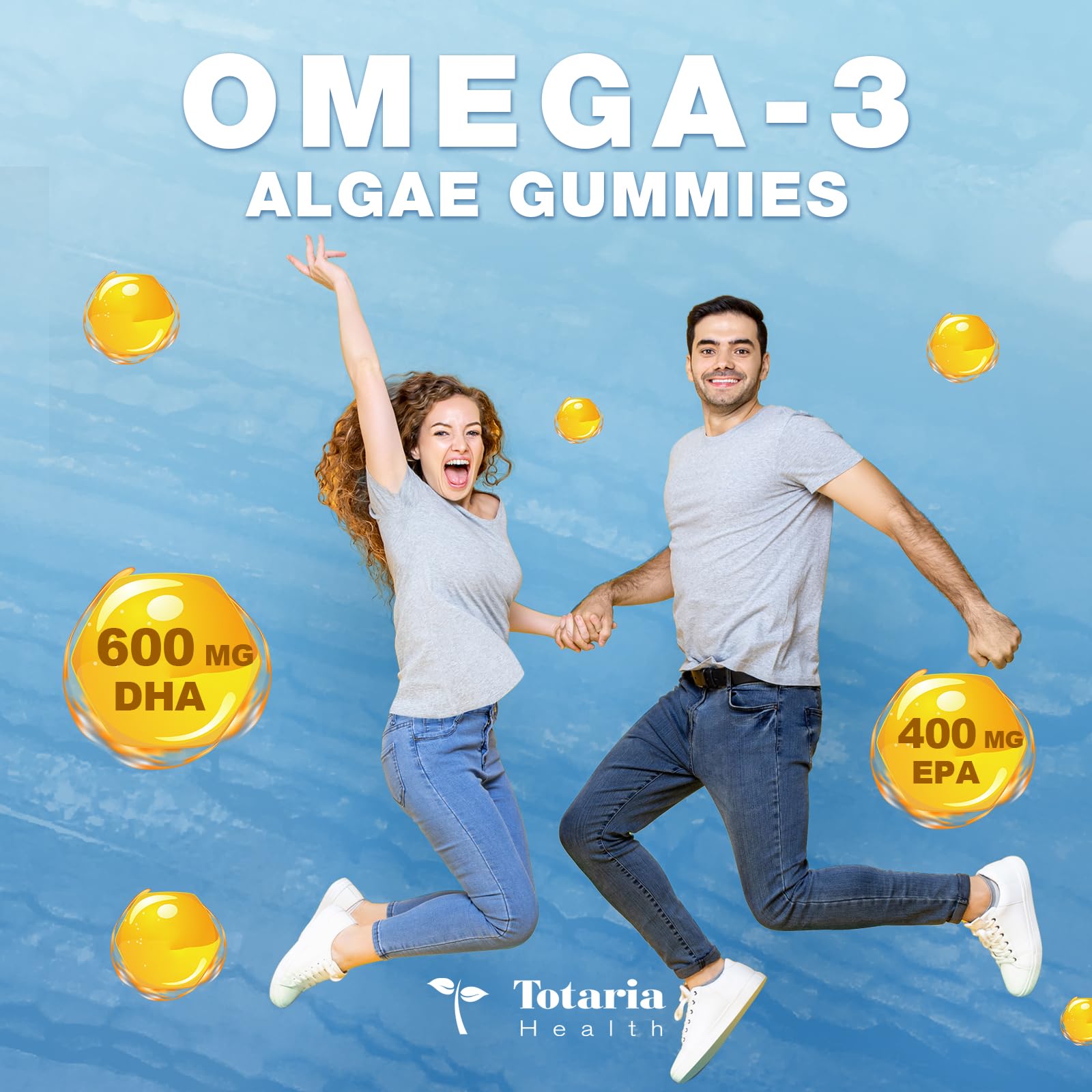 Totaria 10-in-1 Omega-3 Gummies bottle back highlights DHA, EPA, and plant sterols for cognitive support.