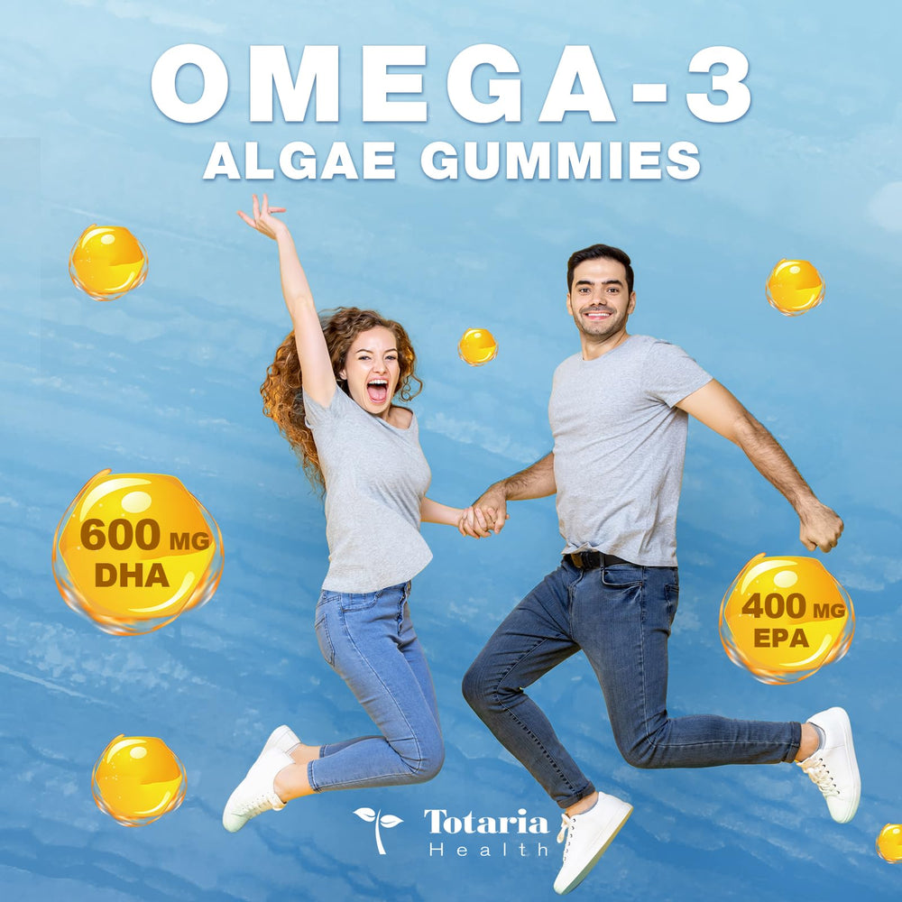 Totaria 10-in-1 Omega-3 Gummies bottle back highlights DHA, EPA, and plant sterols for cognitive support.