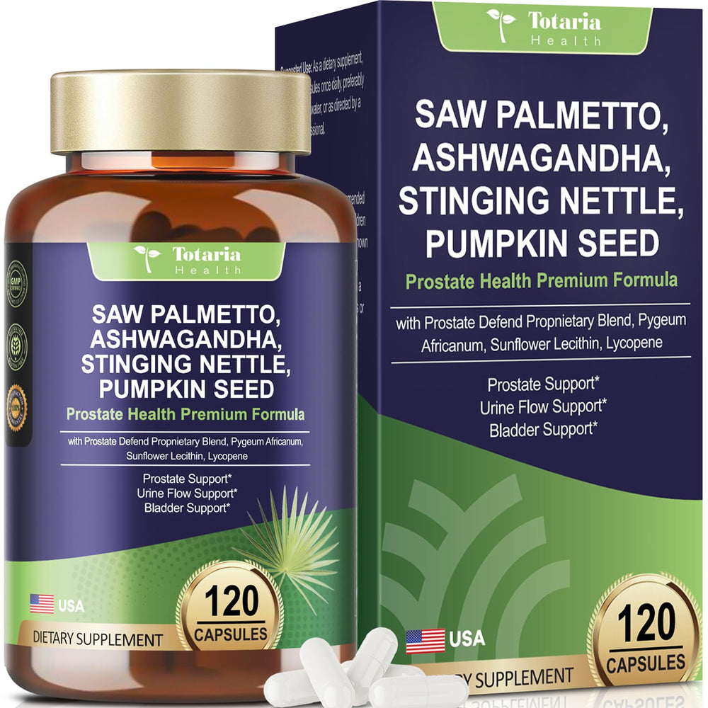 Totaria Organic Saw Palmetto bottle highlighting the prostate support formula