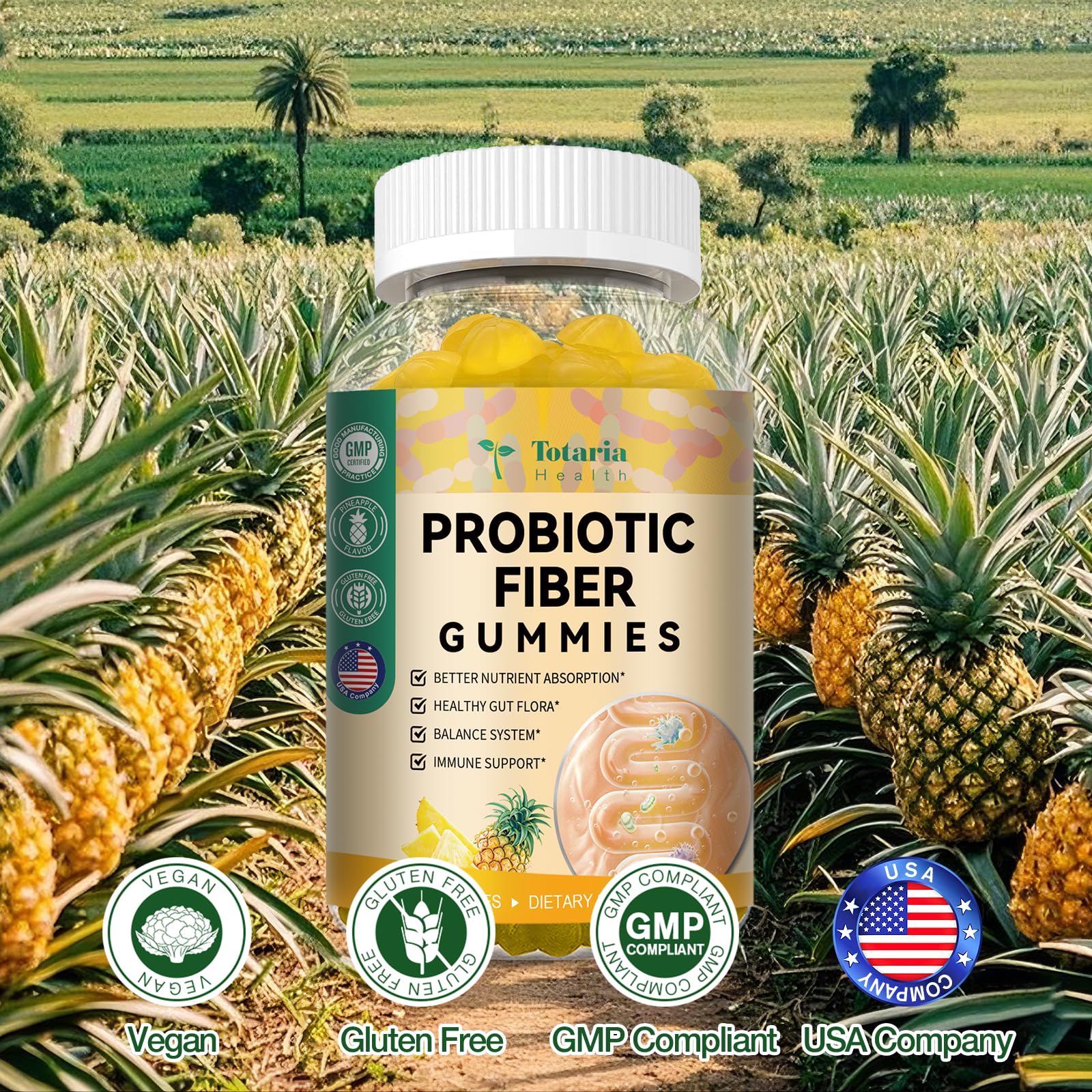 Totaria Probiotic Fiber Gummies pineapple bottle label with ingredients