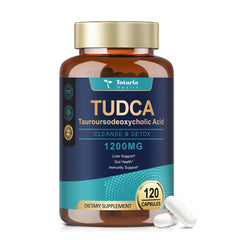 Totaria Tudca 1200mg bottle on counter supports liver and bile balance