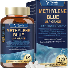 Totaria USP Methylene Blue bottle showing brain-boosting capsules for focus and memory