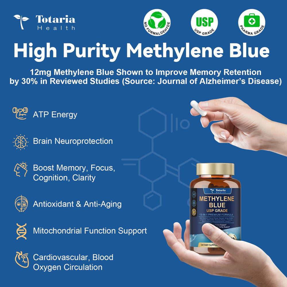 Totaria USP Methylene Blue label closeup highlighting purity and safety
