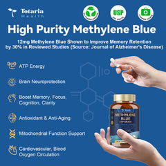 Totaria USP Methylene Blue label closeup highlighting purity and safety