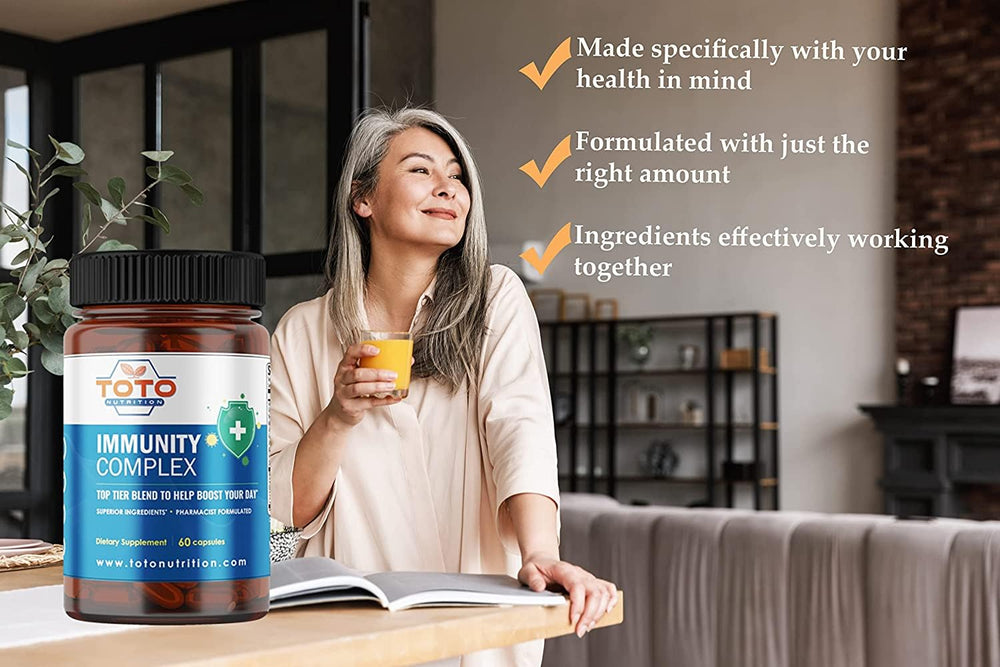 Ingredients panel on TotoNutrition Immunity Support Booster bottle highlighting Vitamin C and D3