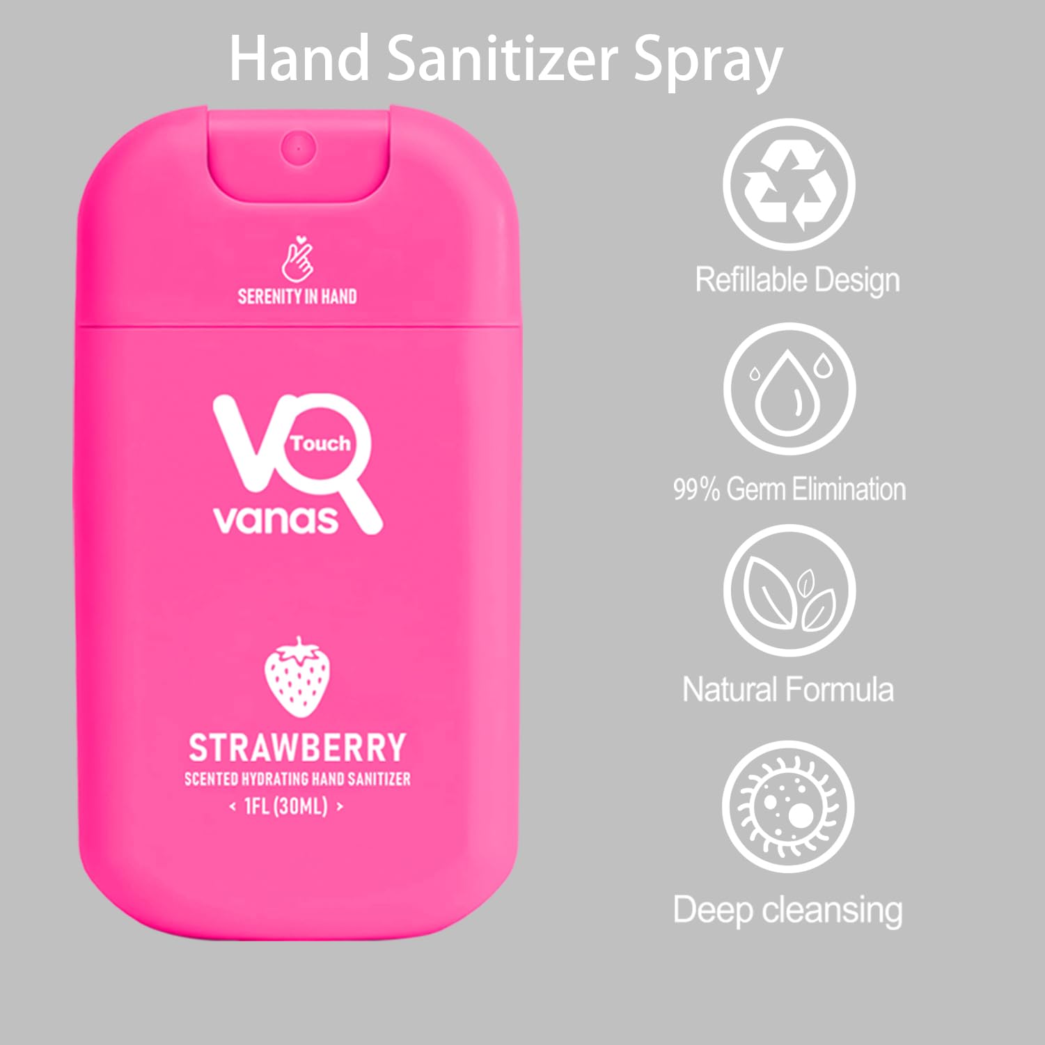 Touch Vanas sanitizer mist close-up highlighting hydrating formula.