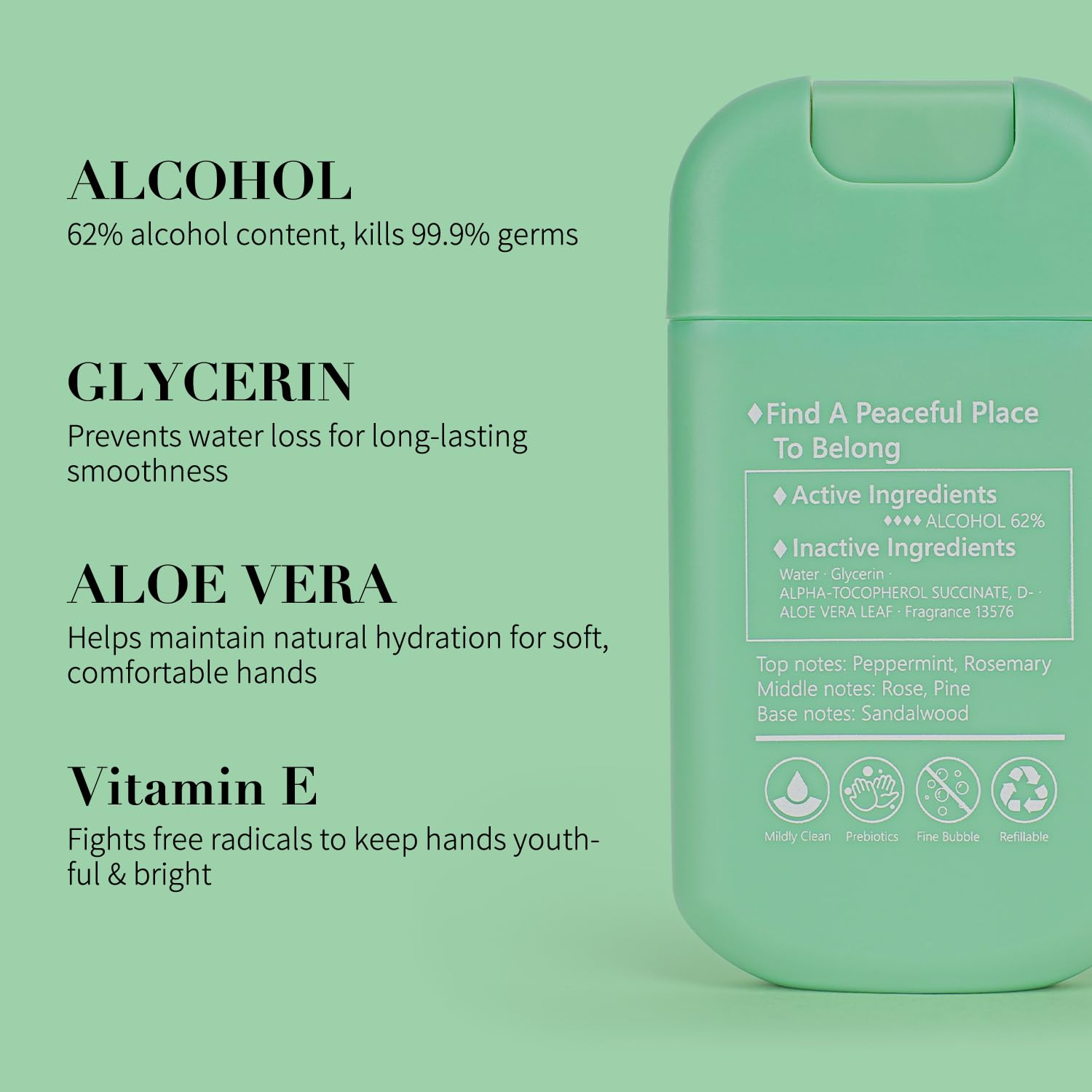 TOUCHFEEL Mist close-up showing hydrating formula for soft, non-sticky hands.