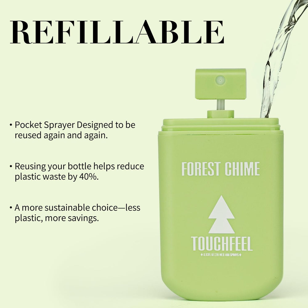 Front packaging of TOUCHFEEL Power Mist; travel-size kit ready to refill.