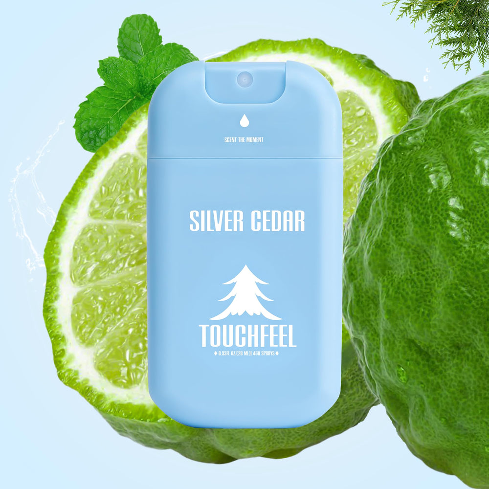 TOUCHFEEL Silver Cedar front view highlights woody notes for refreshing, non-sticky sanitizing.
