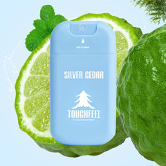 TOUCHFEEL Silver Cedar front view highlights woody notes for refreshing, non-sticky sanitizing.
