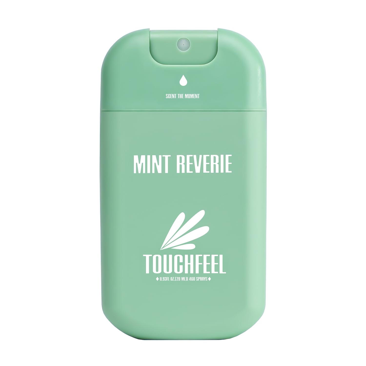 TOUCHFEEL Mint Reverie spray bottle close-up, travel-friendly hand sanitizer for on-the-go freshness.
