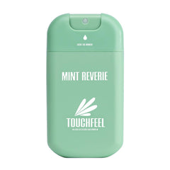 TOUCHFEEL Mint Reverie spray bottle close-up, travel-friendly hand sanitizer for on-the-go freshness.