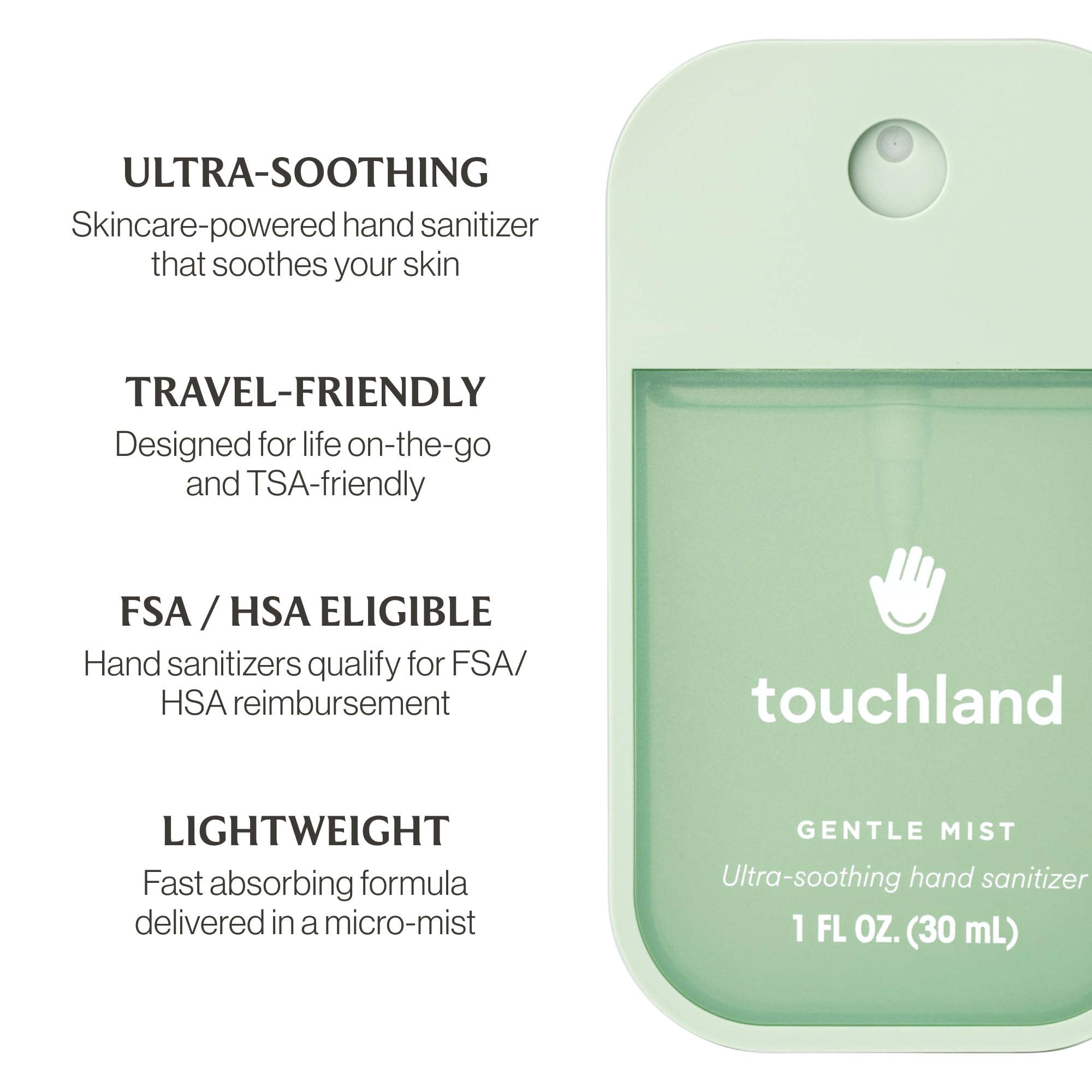 Touchland Gentle Mist 1 oz travel size ready for purse or bag.