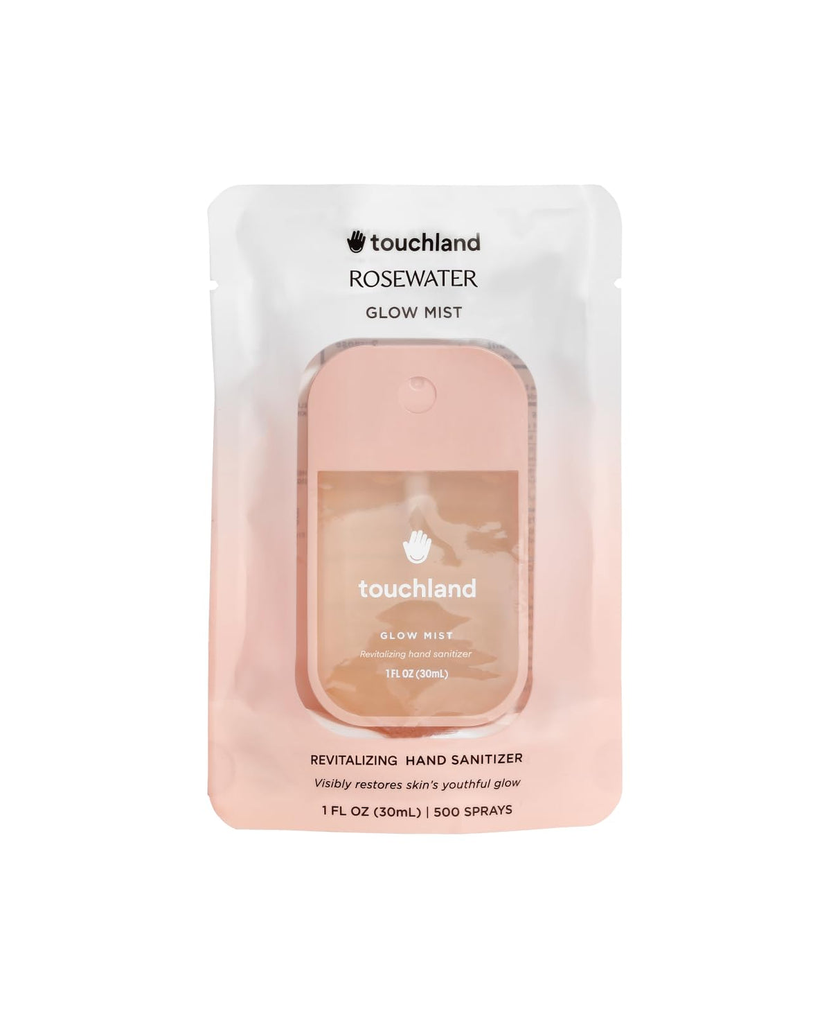 Touchland Glow Mist rosewater bottle for quick, refreshing on-the-go sanitizing.