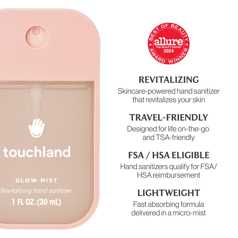 Touchland Glow Mist travel-size packaging fits easily in bags and pockets.