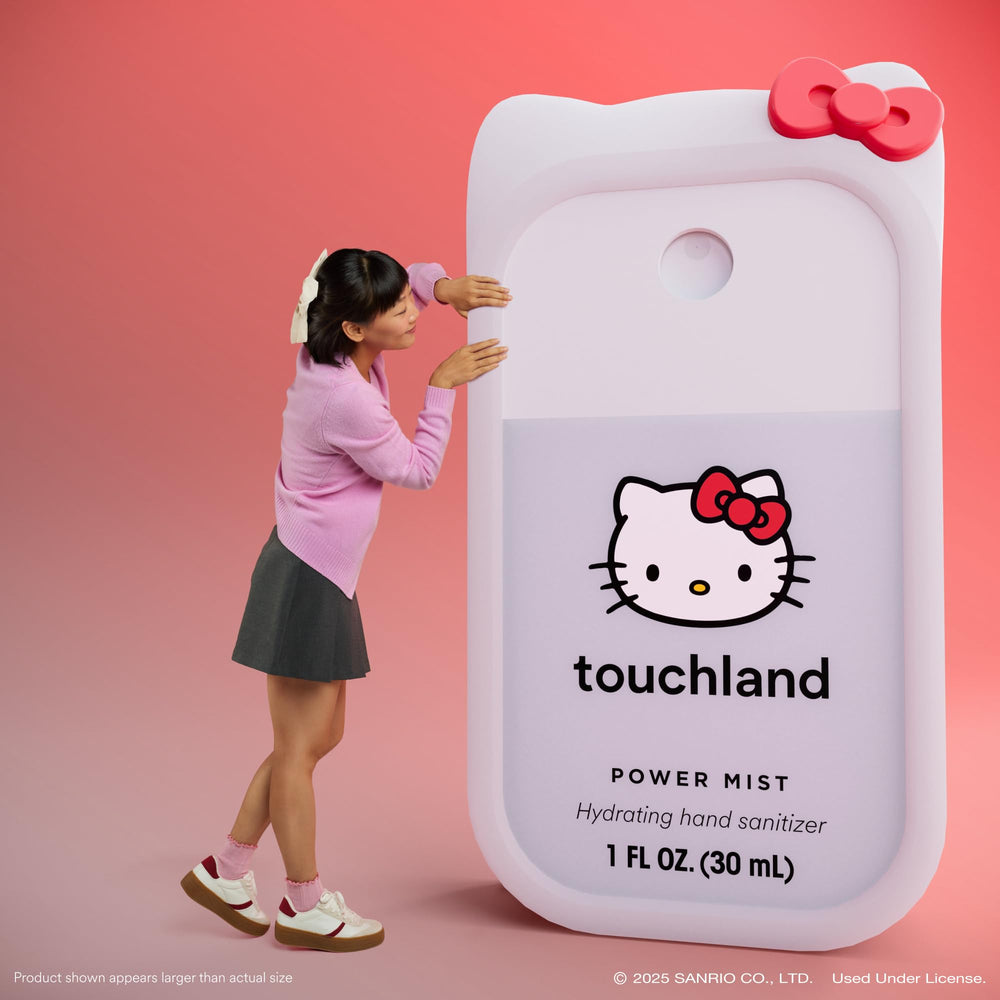Award badge and Hello Kitty branding on compact sanitizer packaging.