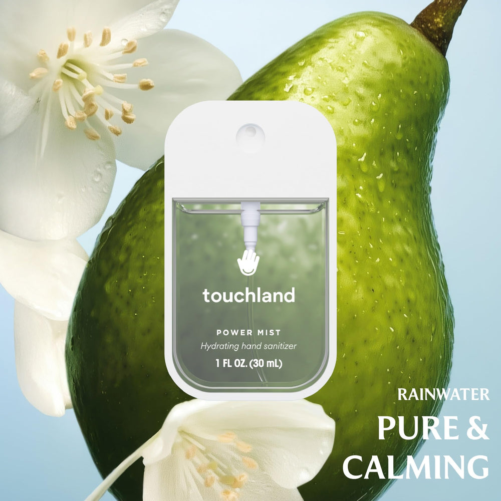 Touchland sanitizer mist closeup; aloe infused formula in a clear spray