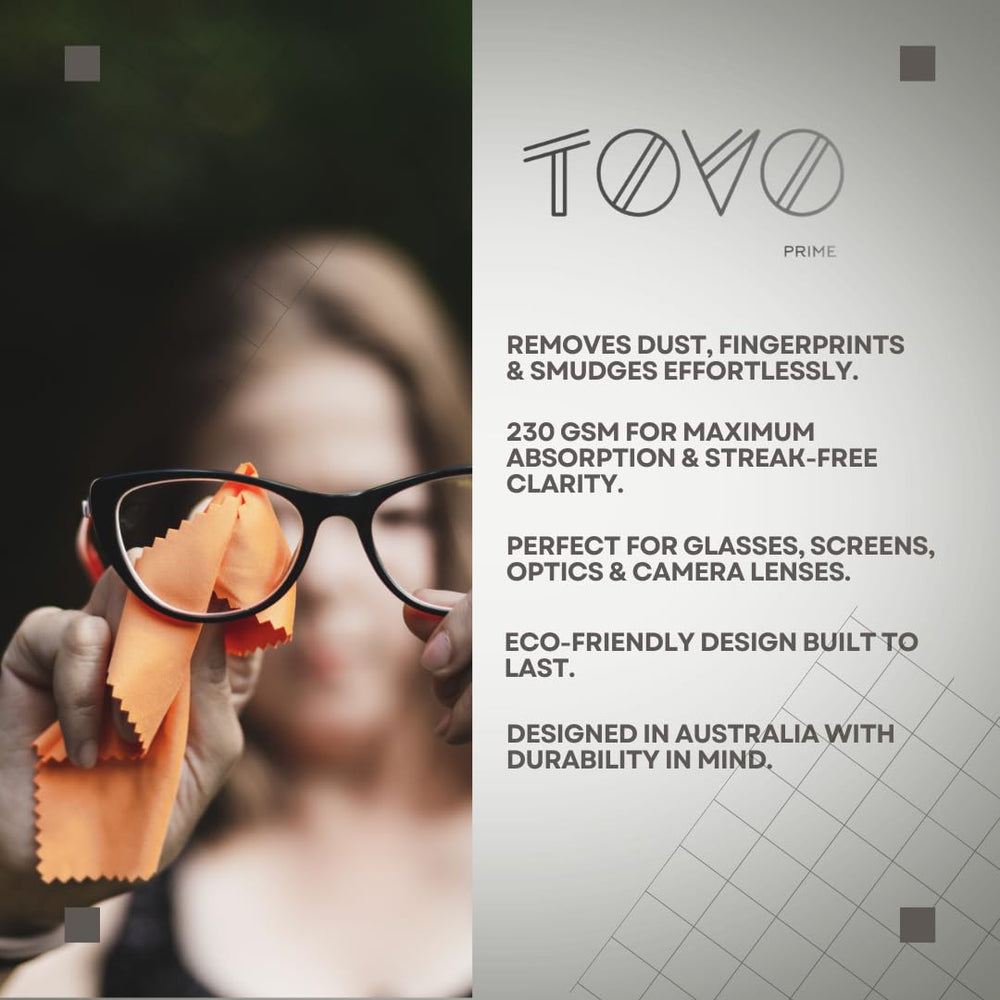 TOVO Prime sunglasses cloth removes oils for clear outdoor viewing.