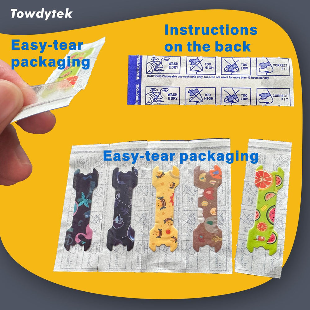 Towdytek kids nasal strip pack contents showing 30 strips.