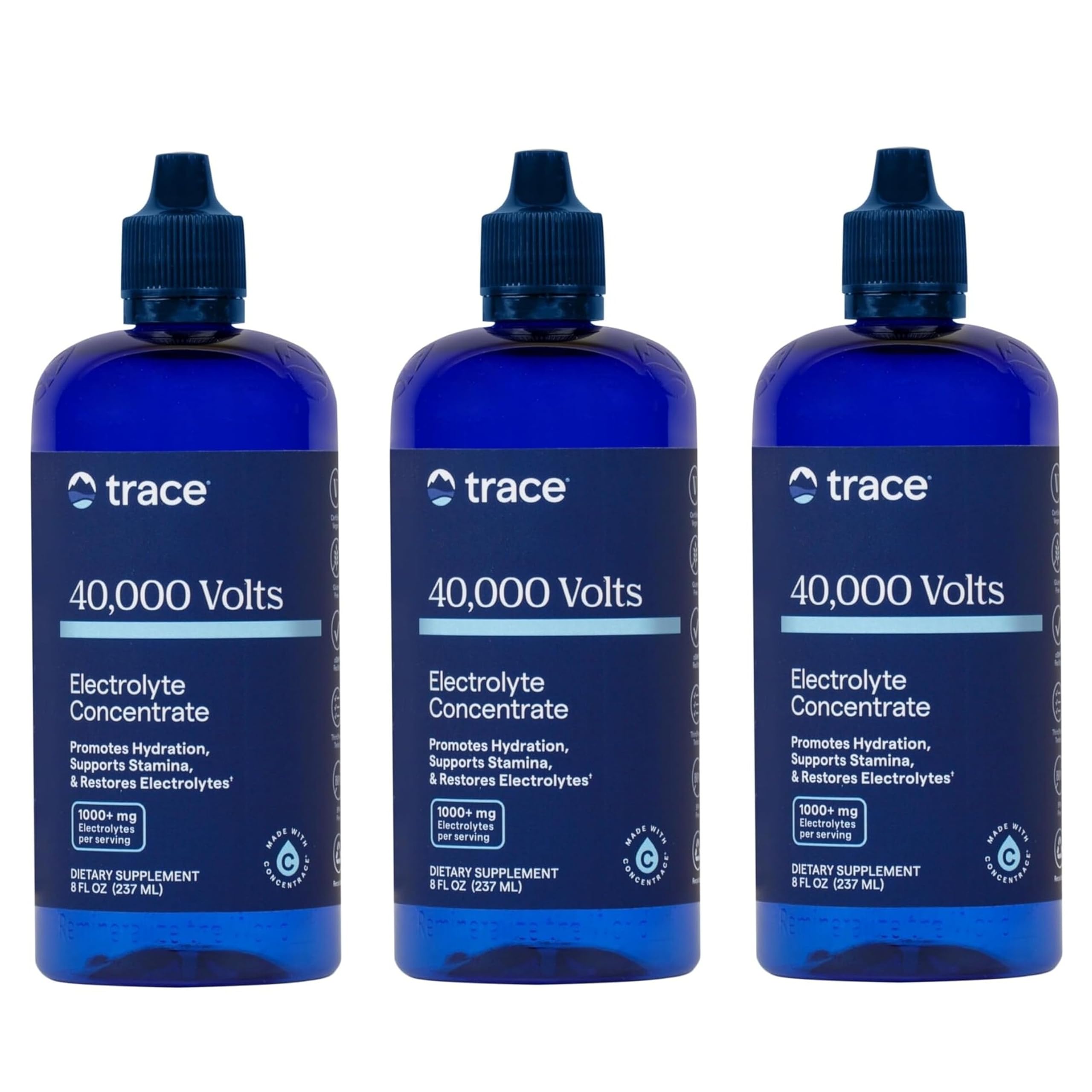 Trace Minerals 40000 Volts bottle highlights hydration support for active days.